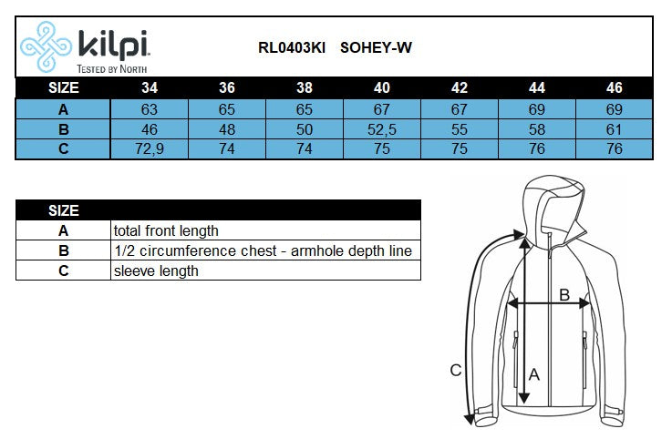 Women's sweatshirt Kilpi SOHEY-W – Size chart