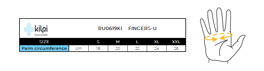 Unisex cyklistické rukavice Kilpi FINGERS-U – Tabuľka veľkostí
