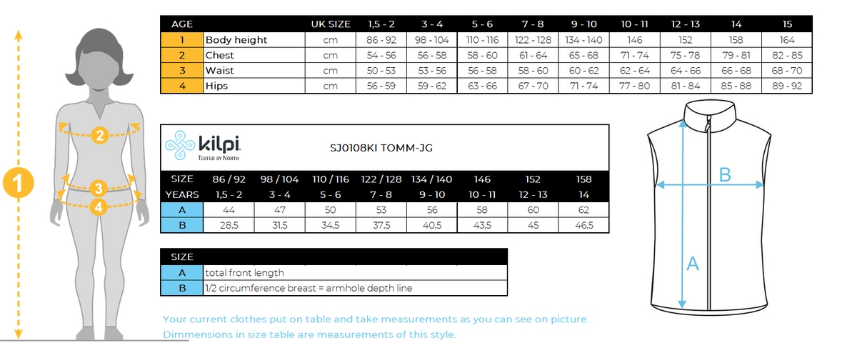 Girl´s insulated vest Kilpi TOMM-JG – Size chart