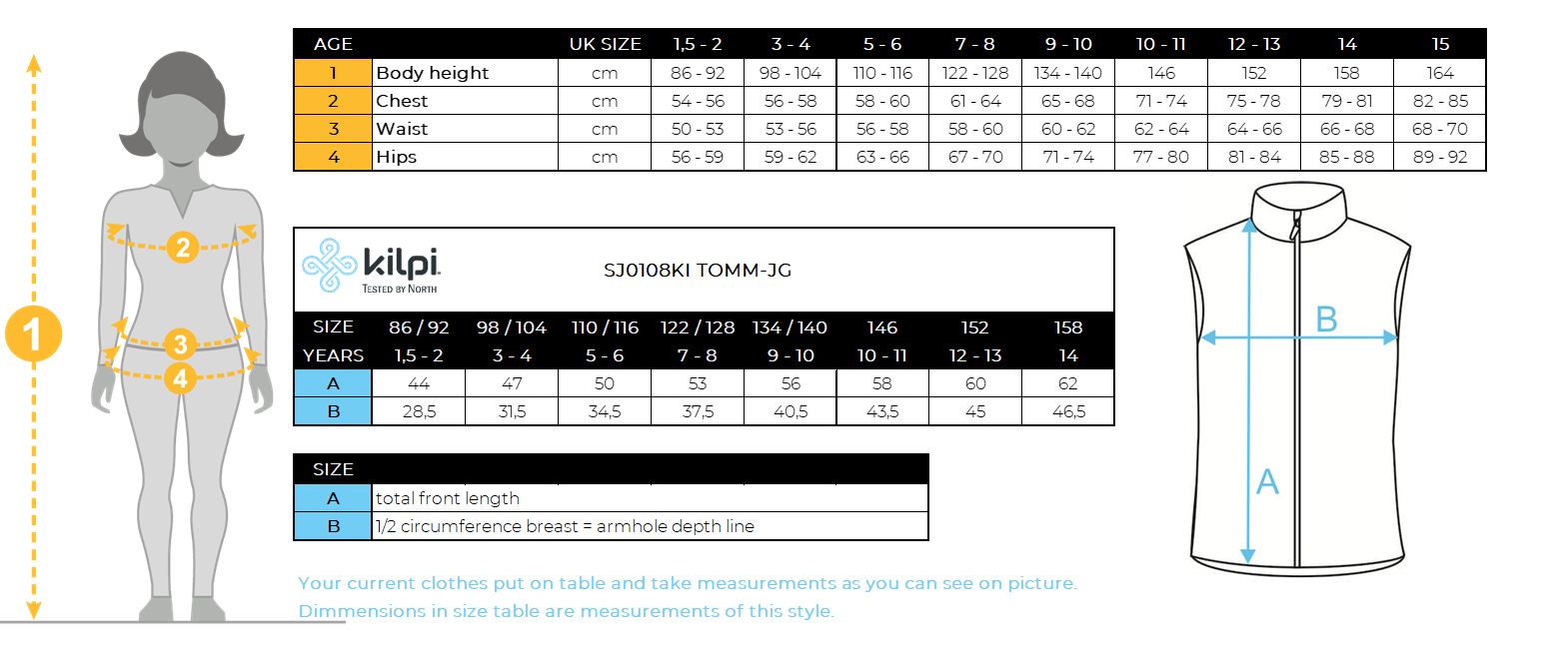 Girl´s insulated vest Kilpi TOMM-JG – Size chart