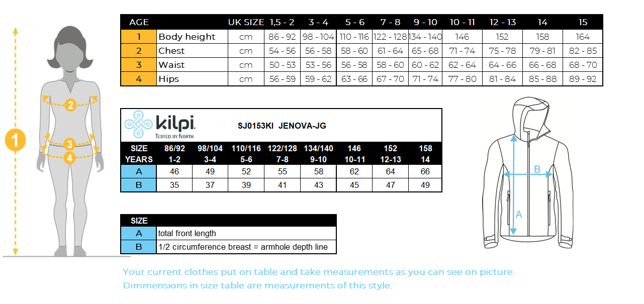 Girl´s ski jacket Kilpi JENOVA-JG – Size chart