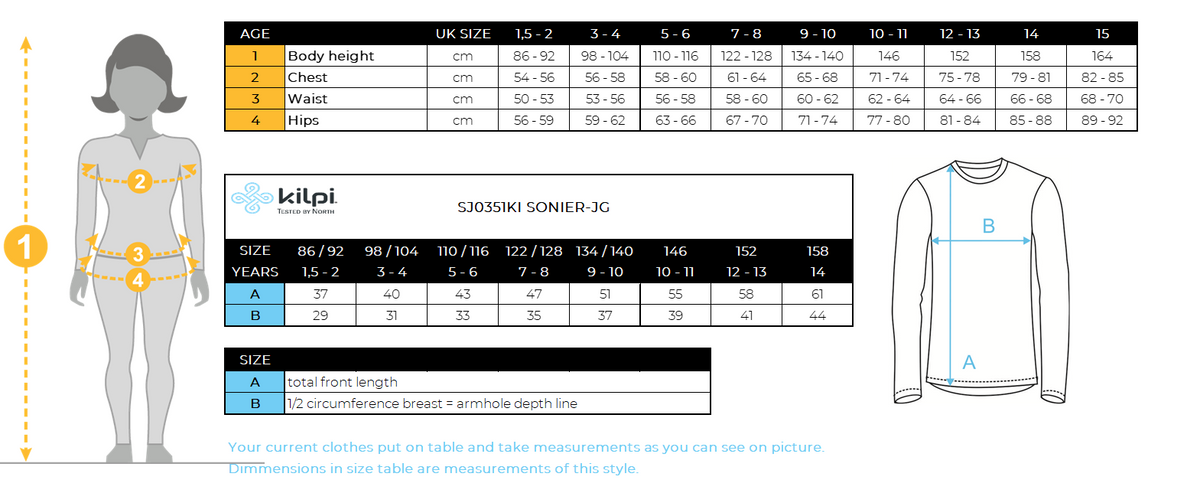 Girl´s long sleeve t-shirt Kilpi SONIER-JG – Size chart