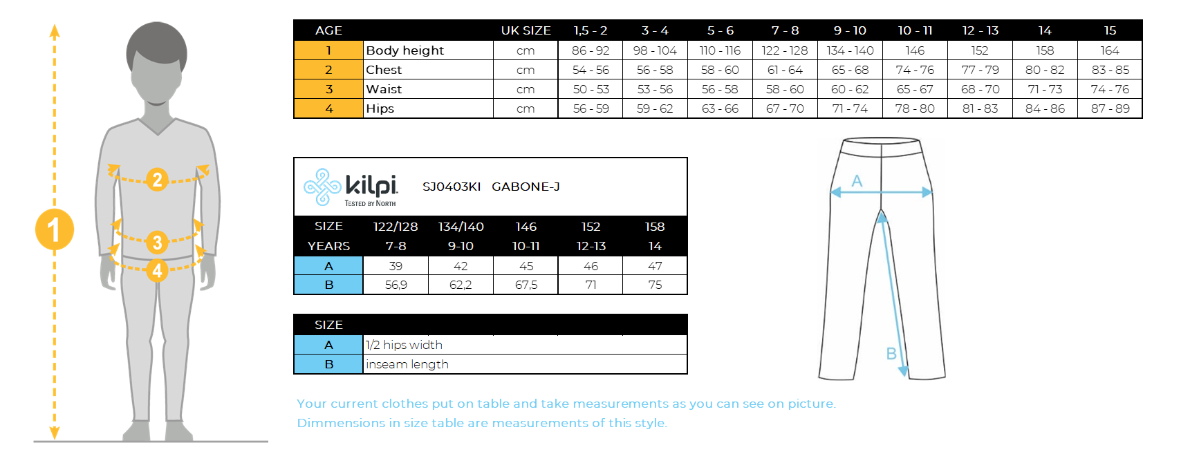 Kid´s ski pants Kilpi GABONE-J – Size chart
