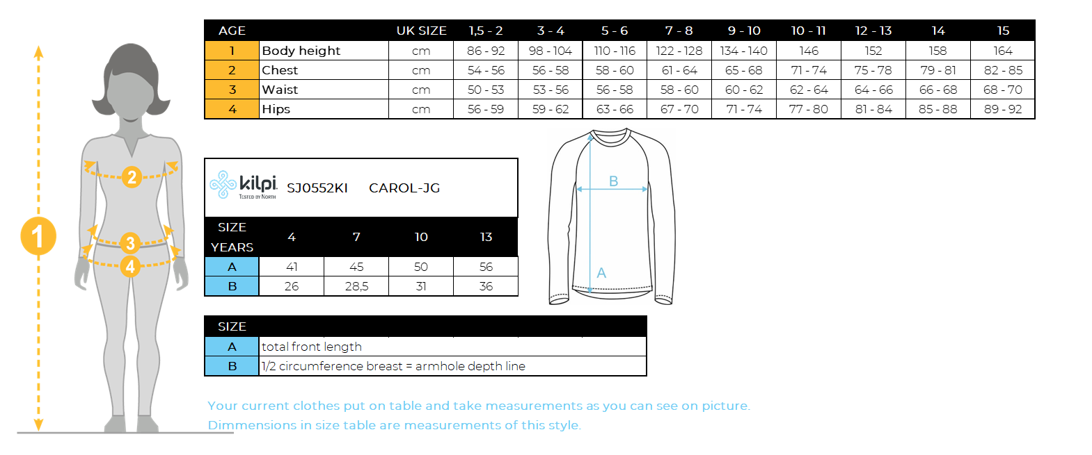 Girl´s base layer Kilpi CAROL-JG – Size chart