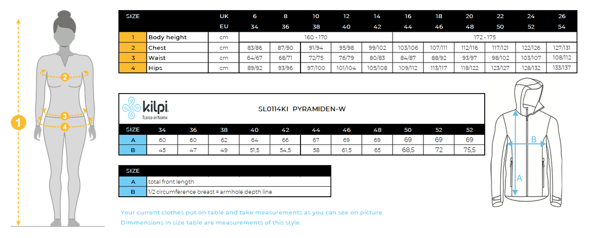 Women´s down jacket Kilpi PYRAMIDEN-W – Size chart