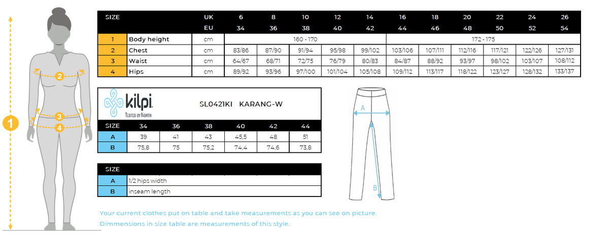 Women´s cross country leggings Kilpi KARANG-W – Size chart