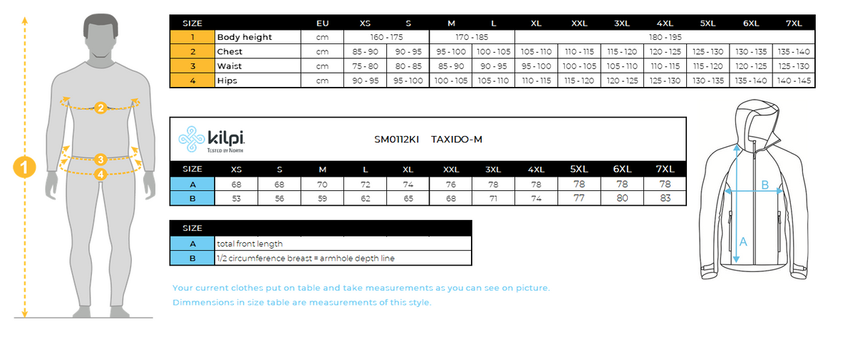 Men´s ski jacket Kilpi TAXIDO-M – Size chart