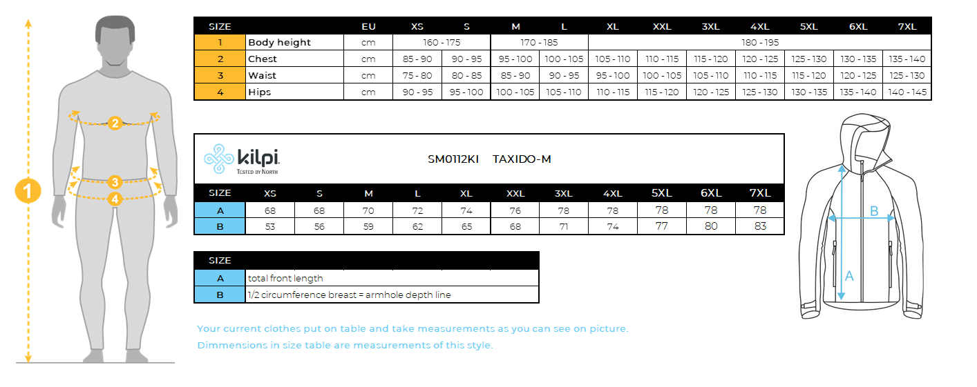 Men´s ski jacket Kilpi TAXIDO-M – Size chart