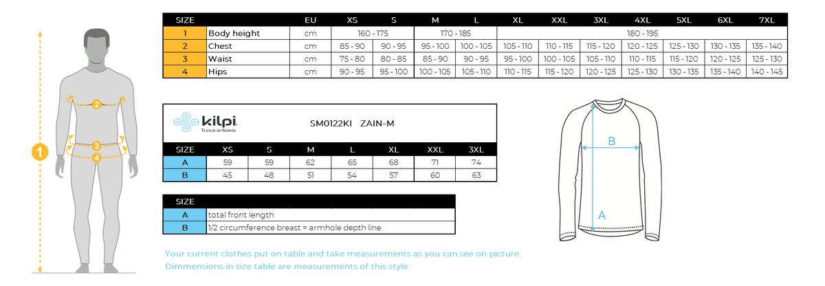 Men´s softshell jacket Kilpi ZAIN-M – Size chart
