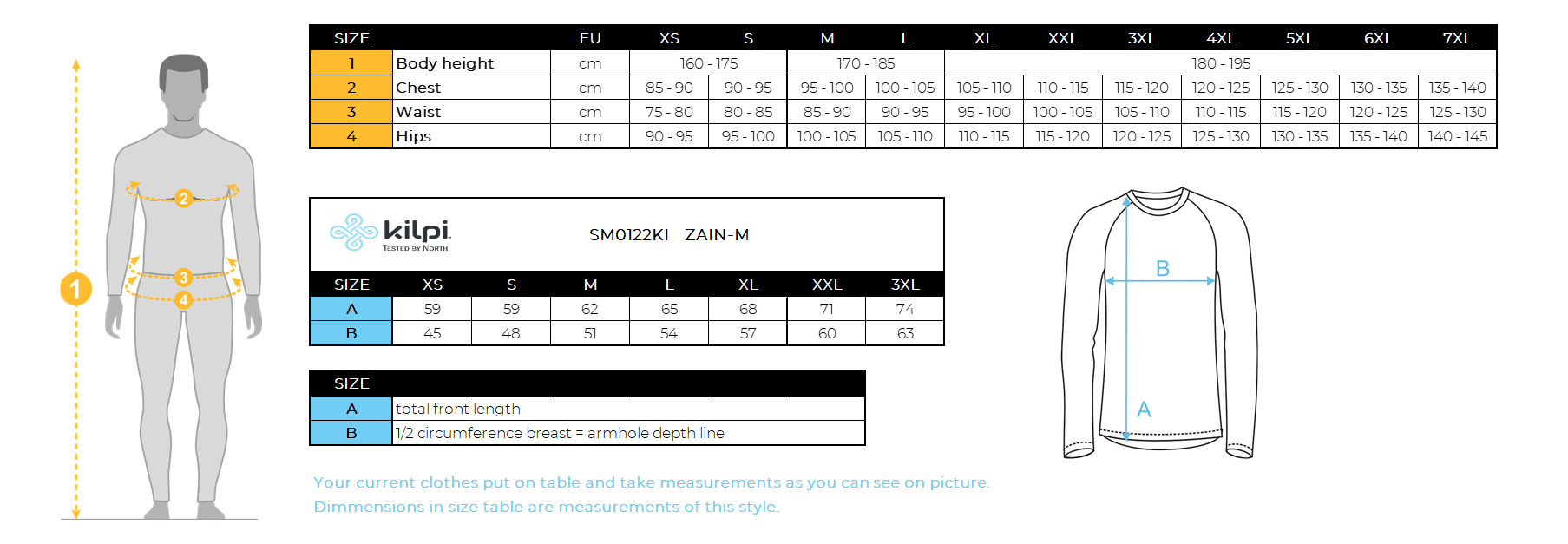 Men´s softshell jacket Kilpi ZAIN-M – Size chart