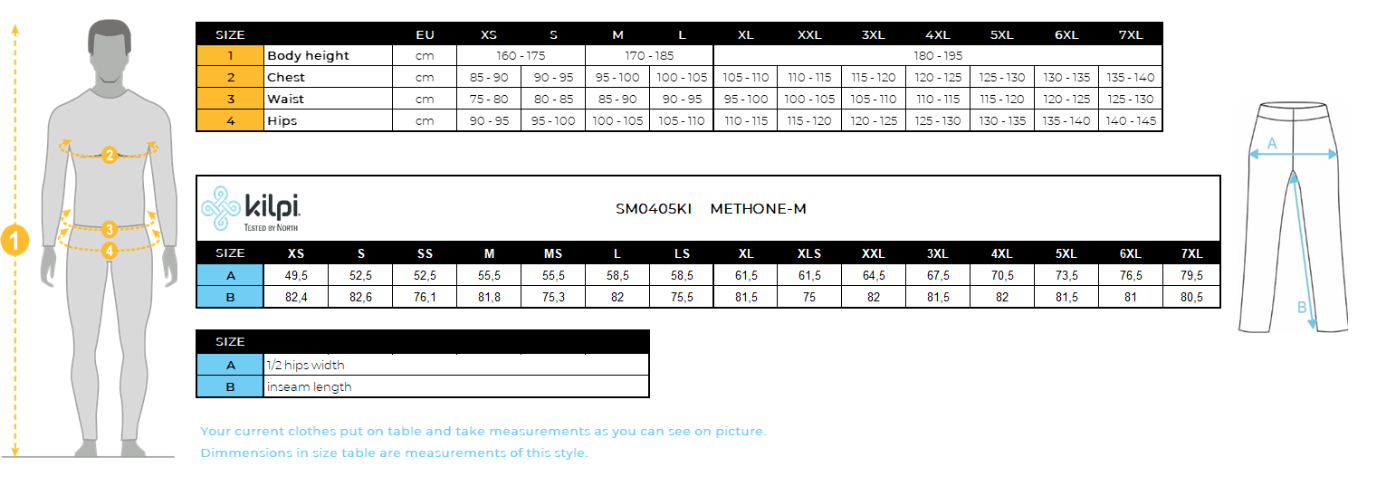 Men´s ski pants Kilpi METHONE-M – Size chart
