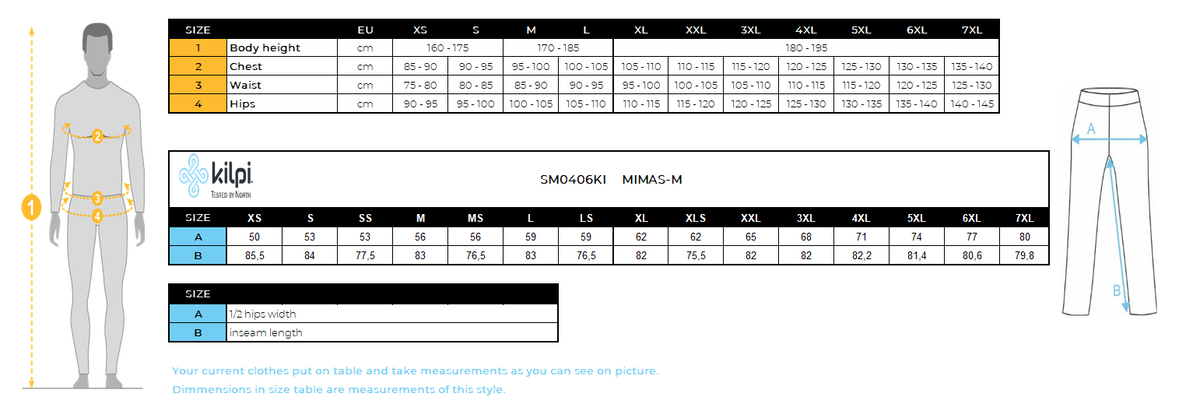 Men´s ski pants Kilpi MIMAS-M – Size chart