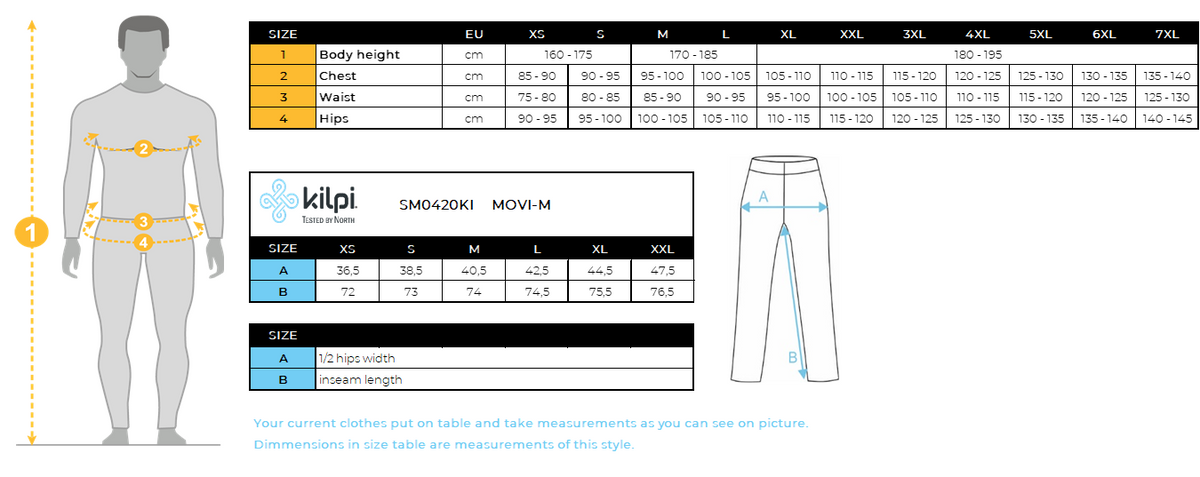 Men´s cycling pants Kilpi MOVI-M – Size chart