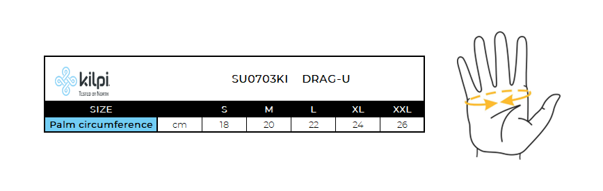 Športové rukavice Kilpi DRAG-U – Tabuľka veľkostí