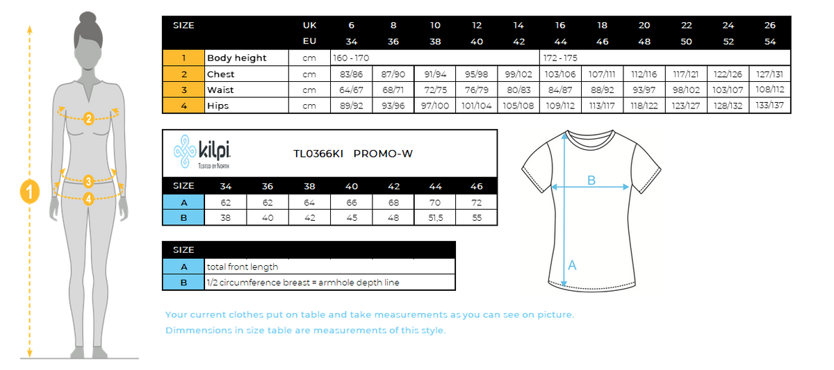 Women´s cotton t-shirt Kilpi PROMO-W – Size chart