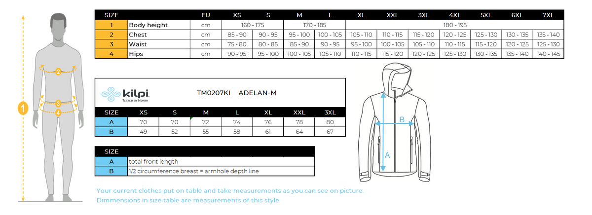 Men´s hoodie Kilpi ADELAN-M – Size chart