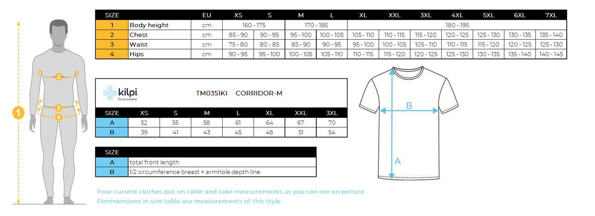 Men´s cycling jersey Kilpi CORRIDOR-M – Size chart