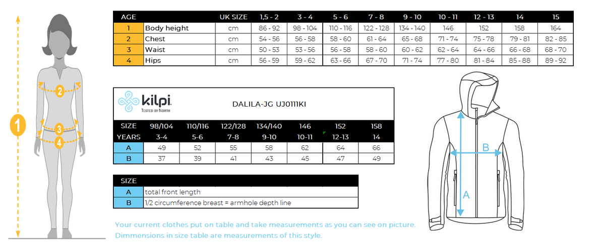 Girl´s ski jacket Kilpi DALILA-JG – Size chart
