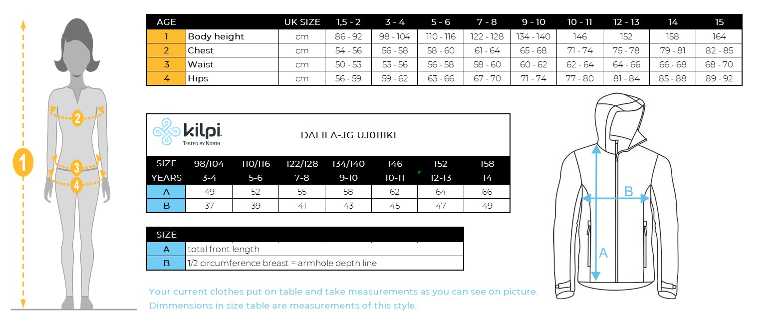 Girl´s ski jacket Kilpi DALILA-JG – Size chart