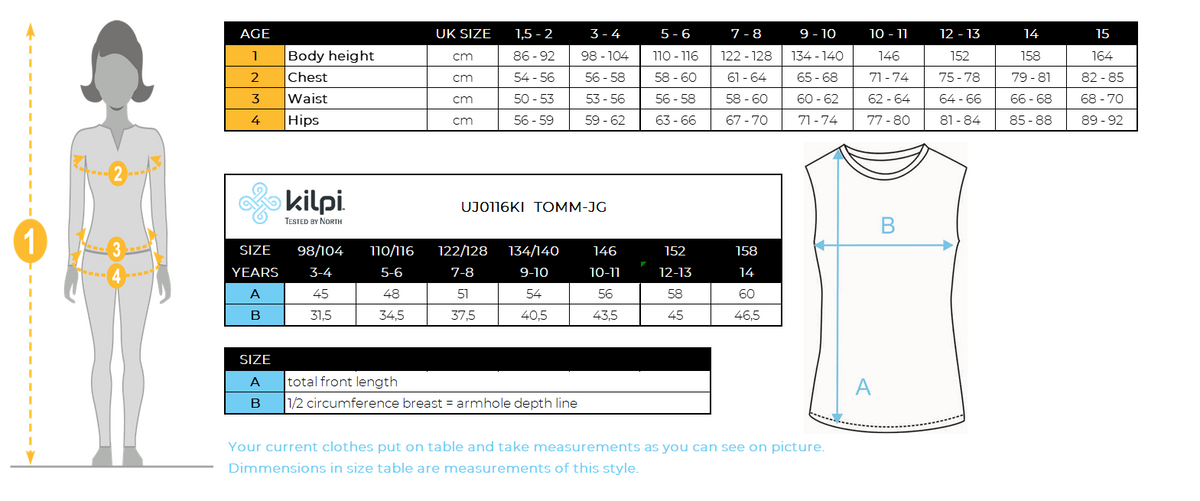 Kid´s insulated vest Kilpi TOMM-JG – Size chart