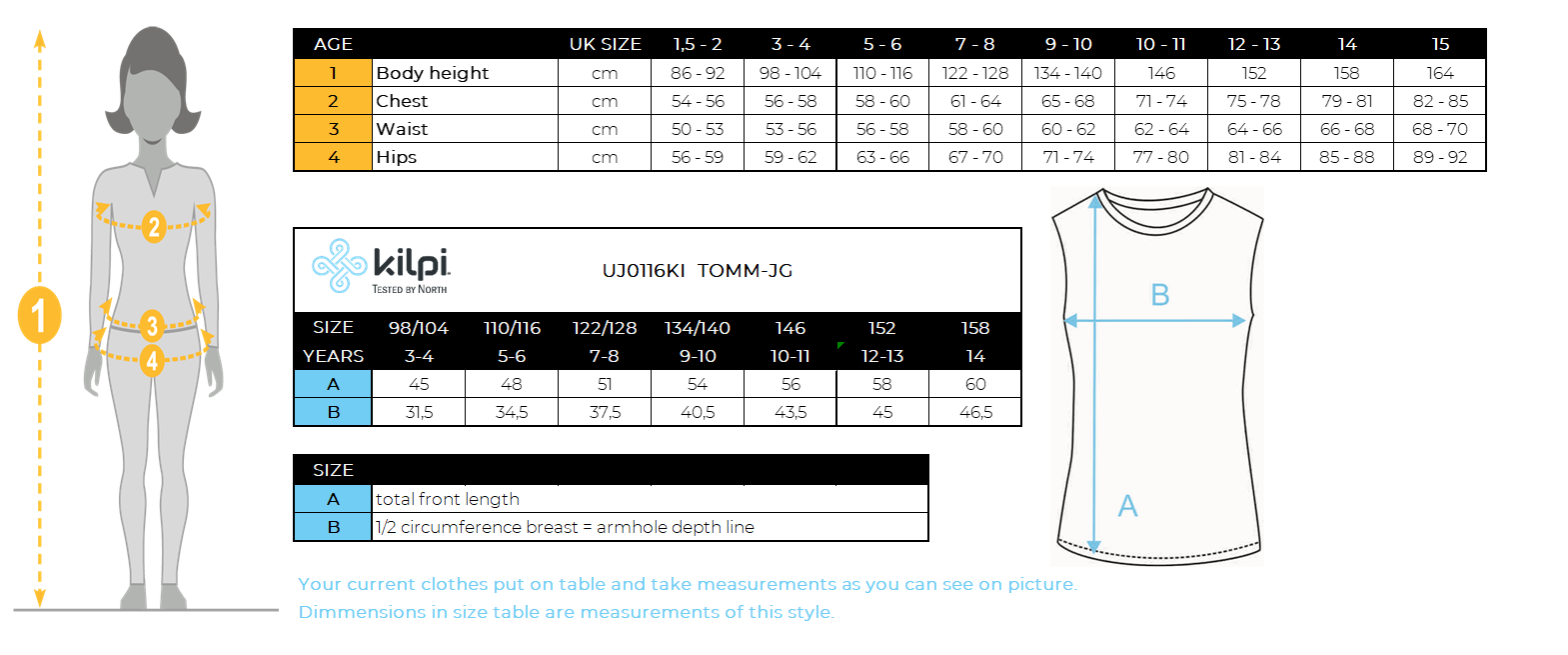 Kid´s insulated vest Kilpi TOMM-JG – Size chart