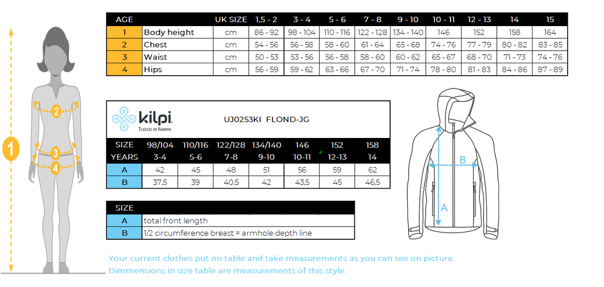 Kid´s fleece hoodie Kilpi FLOND-JG – Size chart