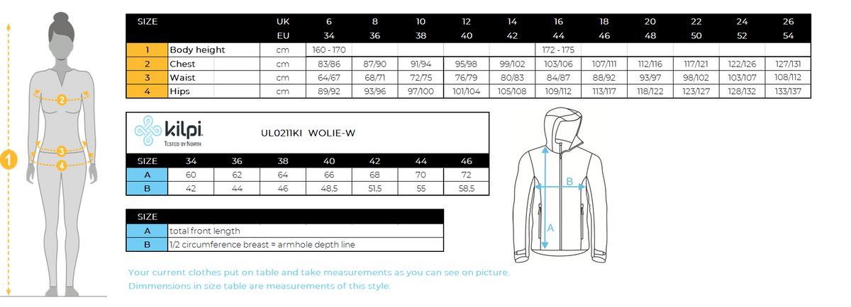 Women´s merino wool sweater Kilpi WOLIE-W – Size chart