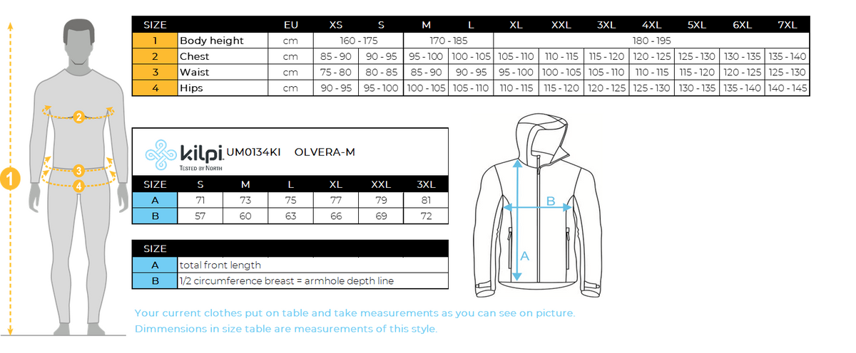 Men´s outdoor jacket Kilpi OLVERA-M – Size chart
