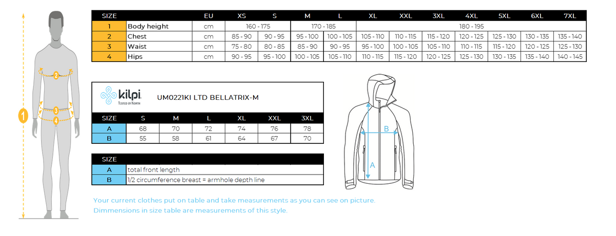Man´s cotton hoodie Kilpi LTD BELLATRIX-M – Size chart