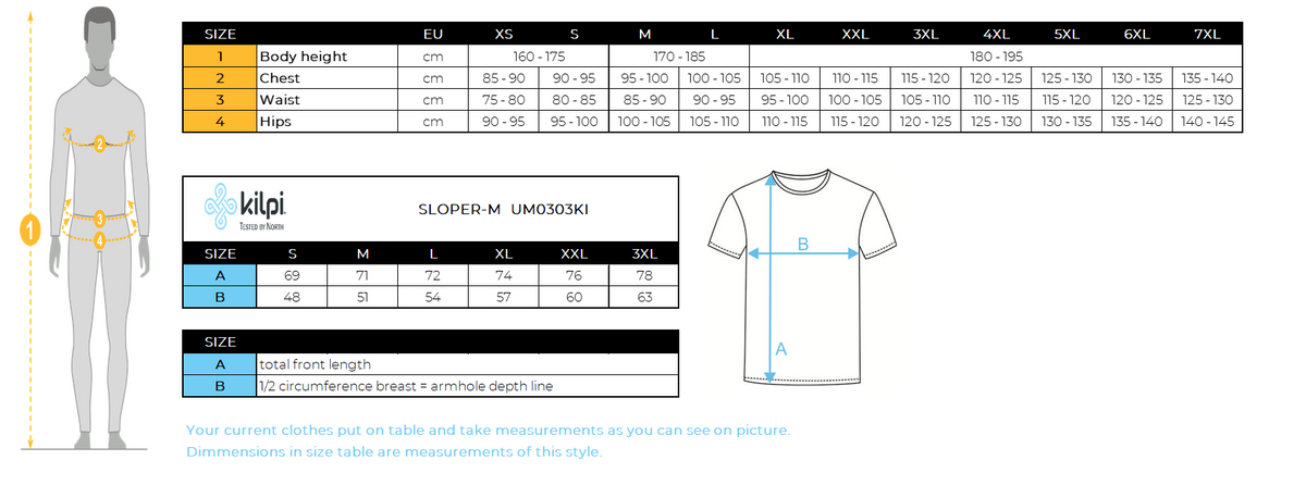 Men´s merino wool T-shirt Kilpi SLOPER-M – Size chart