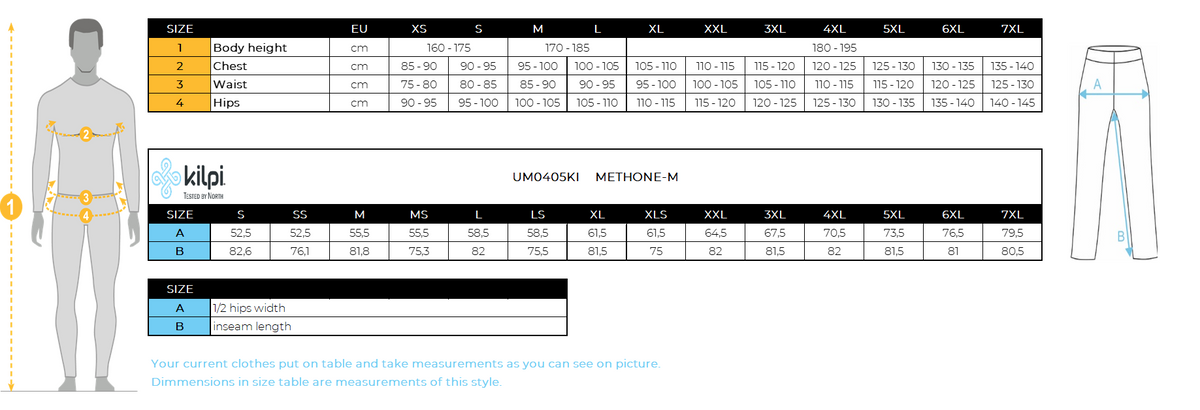 Men´s ski pants Kilpi METHONE-M – Size chart