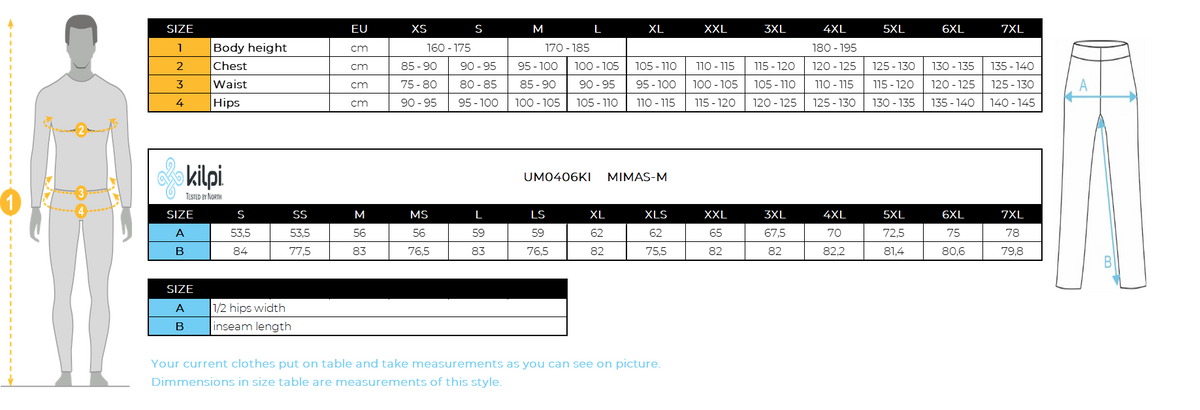 Men´s ski pants KILPI MIMAS-M – Size chart