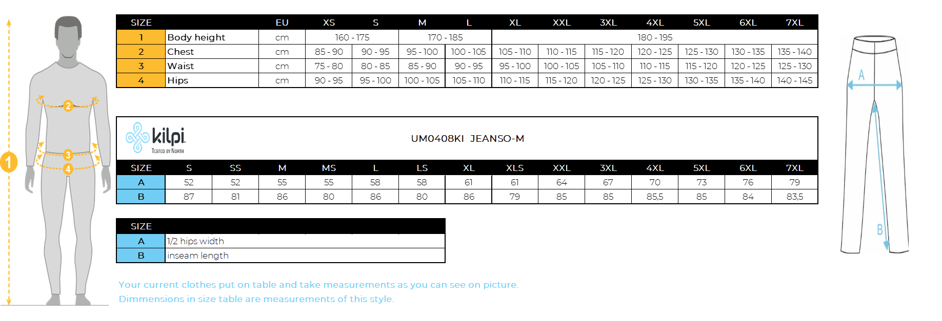 Men´s softshell ski pants Kilpi JEANSO-M – Size chart