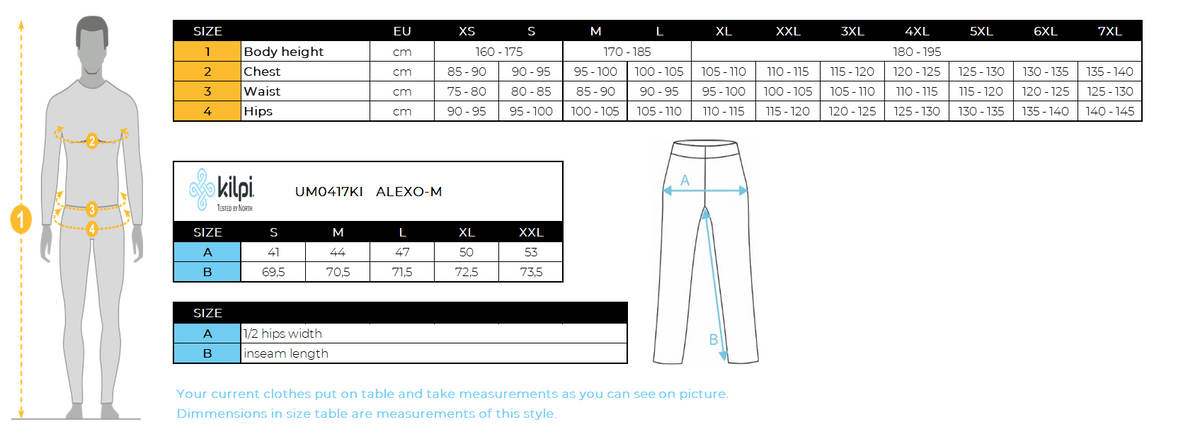 Men´s running leggings Kilpi ALEXO-M – Size chart