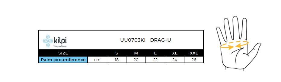 Rukavice Kilpi DRAG-U – Tabuľka veľkostí