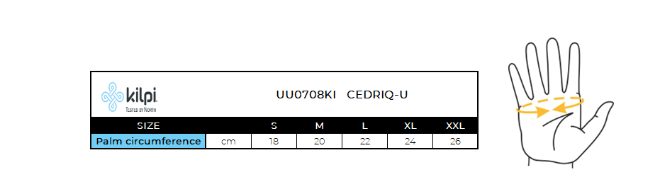 Lyžiarske rukavice Kilpi CEDRIQ-U – Tabuľka veľkostí