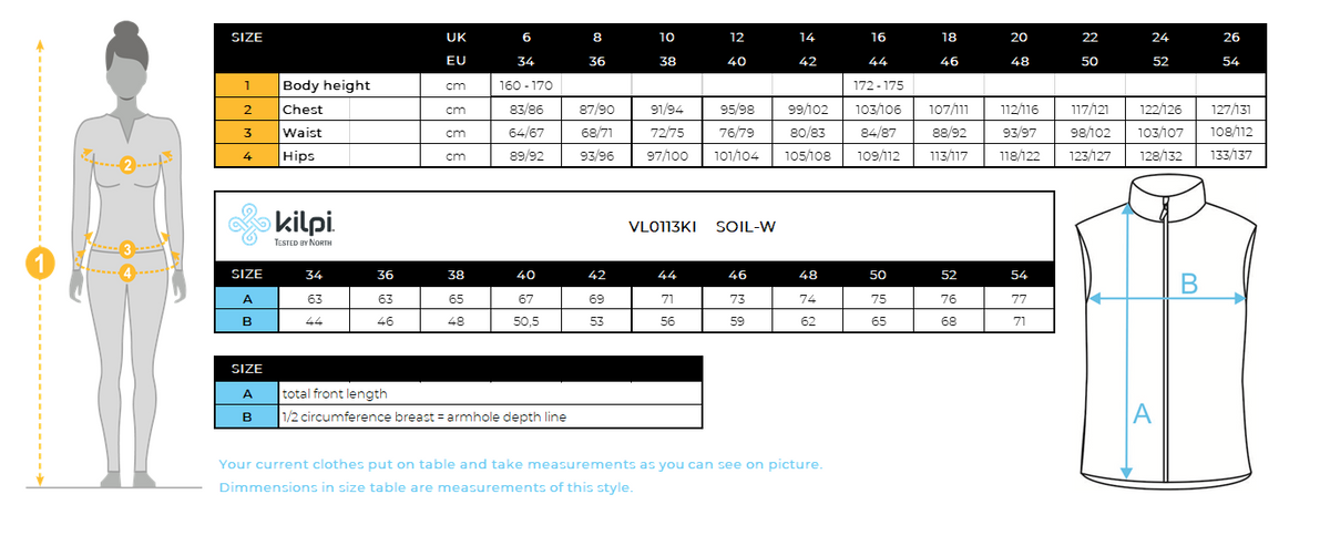 Women´s softshell vest Kilpi SOIL-W – Size chart