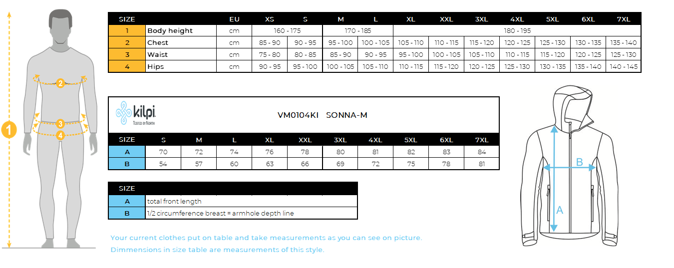 Men´s outdoor jacket Kilpi SONNA-M – Size chart
