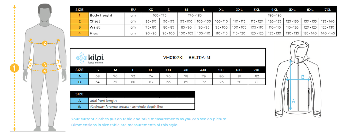 Men´s softshell jacket Kilpi BELTRA-M – Size chart