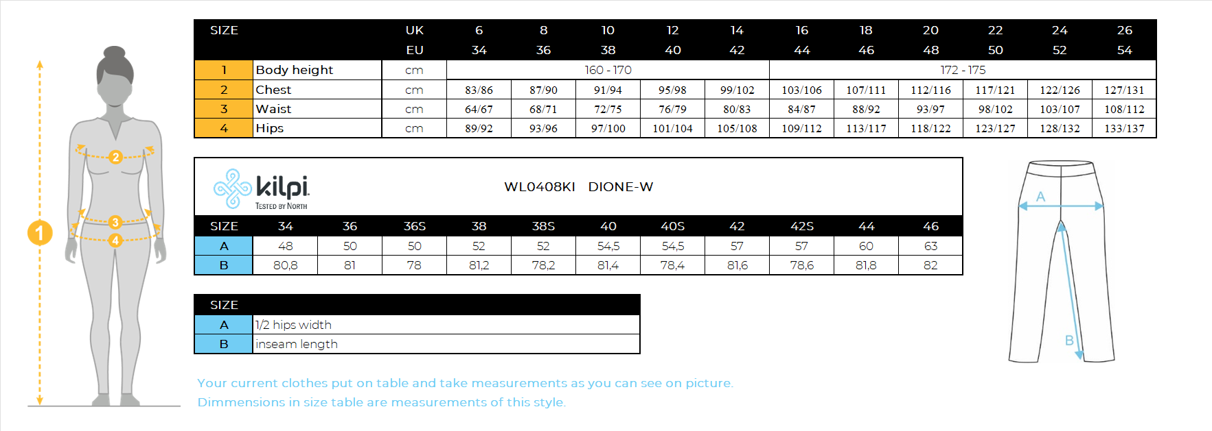 Women´s softshell ski pants Kilpi DIONE-W – Size chart