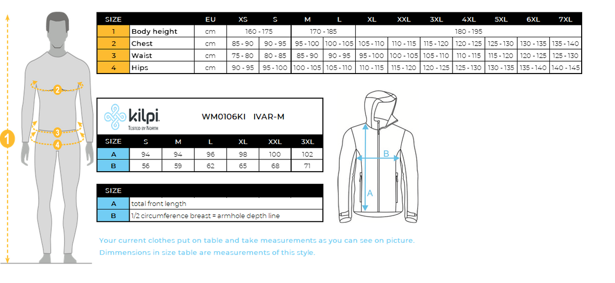 Men´s waterproof coat Kilpi IVAR-M – Size chart