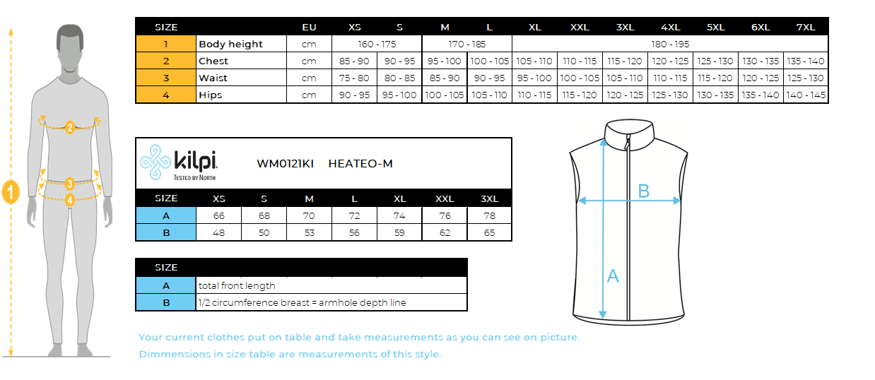 Men´s insulated vest Kilpi HEATEO-M – Size chart