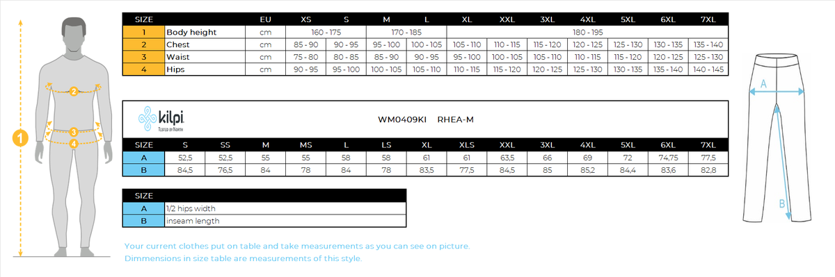 Men´s softshell ski pants Kilpi RHEA-M – Size chart