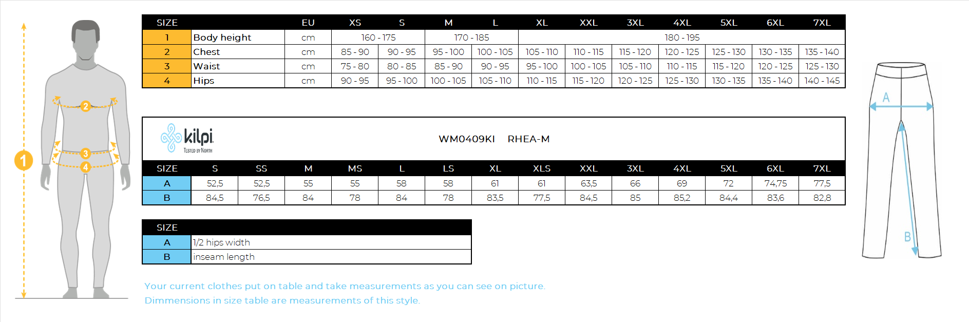 Men´s softshell ski pants Kilpi RHEA-M – Size chart
