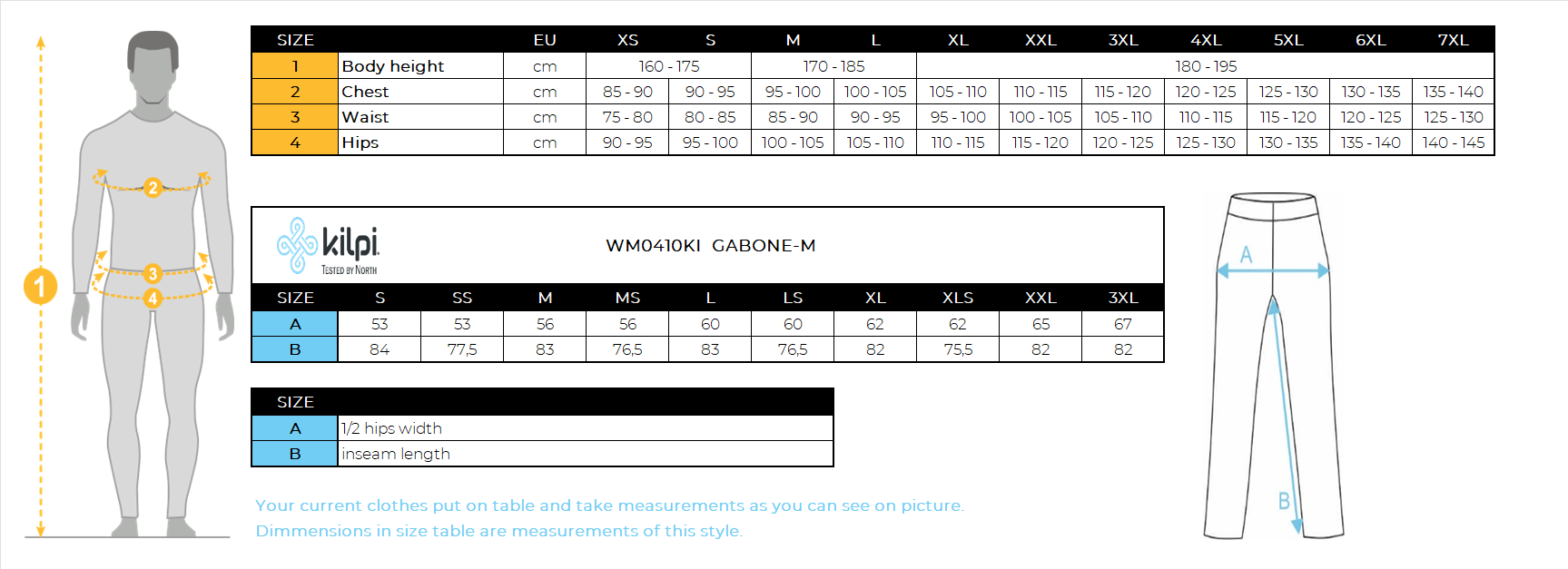 Men´s ski pants Kilpi GABONE-M – Size chart