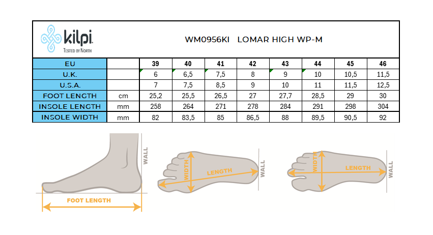 Kilpi LOMAR HIGH WP-M men's leisure sports shoes – Size chart
