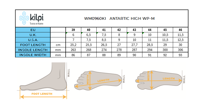 Kilpi ANTARTIC HIGH WP-M insulated waterproof winter shoes – Size chart