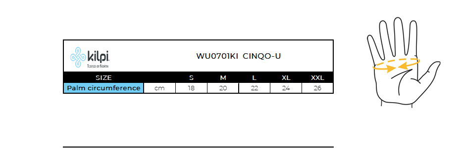 Softshellové zateplené rukavice Kilpi CINQO-U – Tabuľka veľkostí