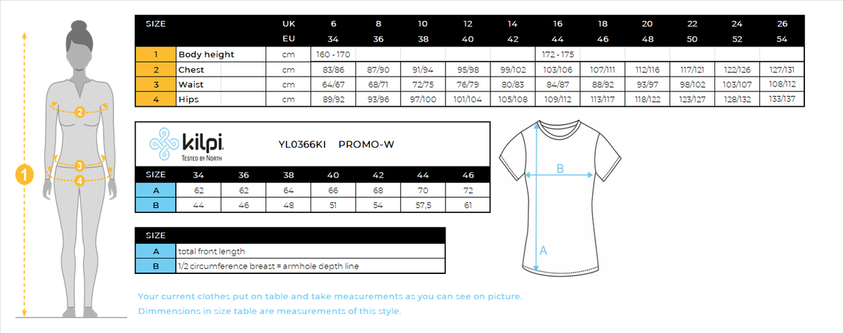 Women's cotton T-shirt Kilpi PROMO-W – Size chart