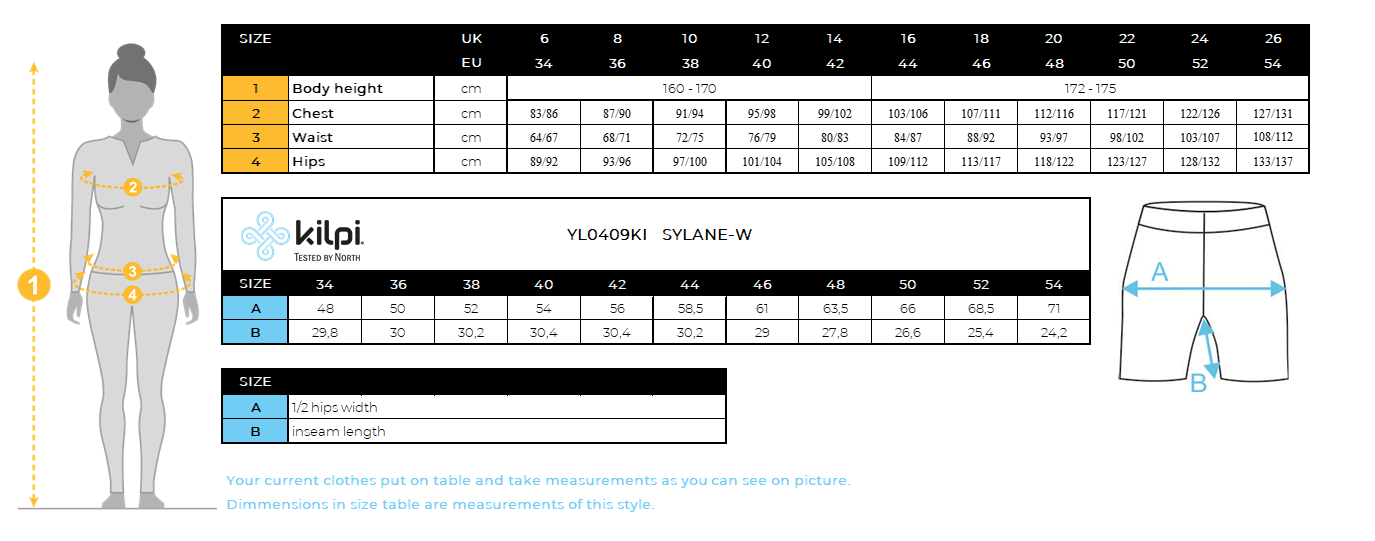 Women's outdoor shorts Kilpi SYLANE-W – Size chart